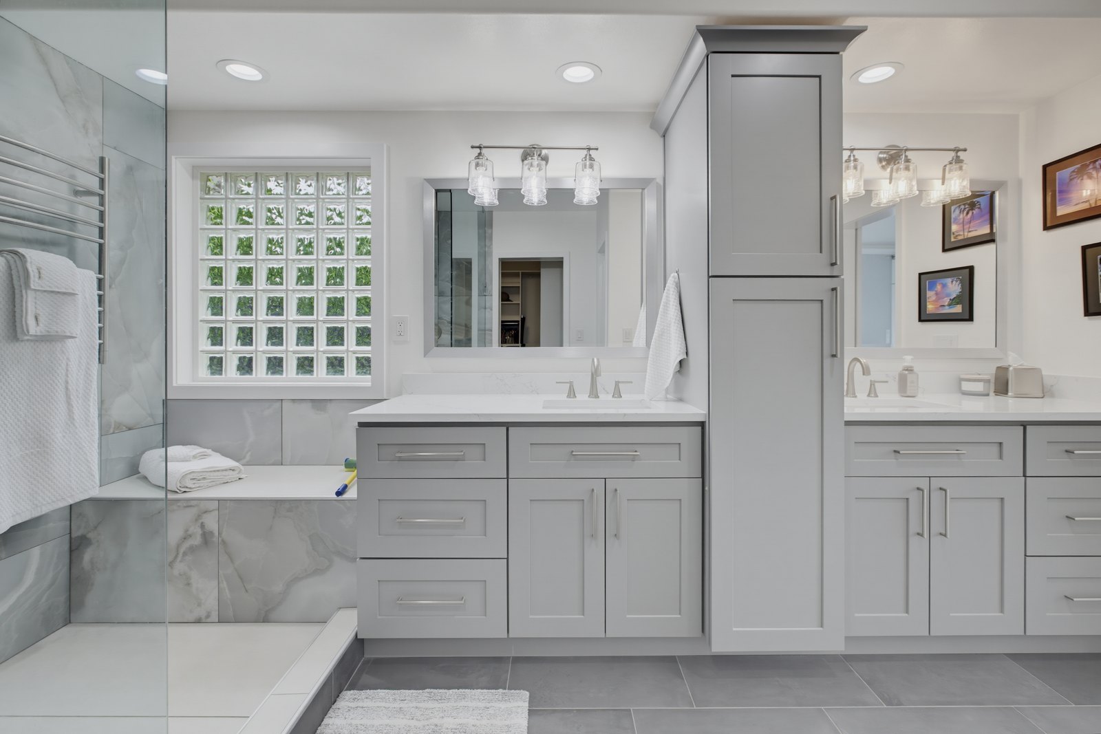 Spa-style primary bath with walk-in shower and double vanity, Lake Meridian home in Kent WA