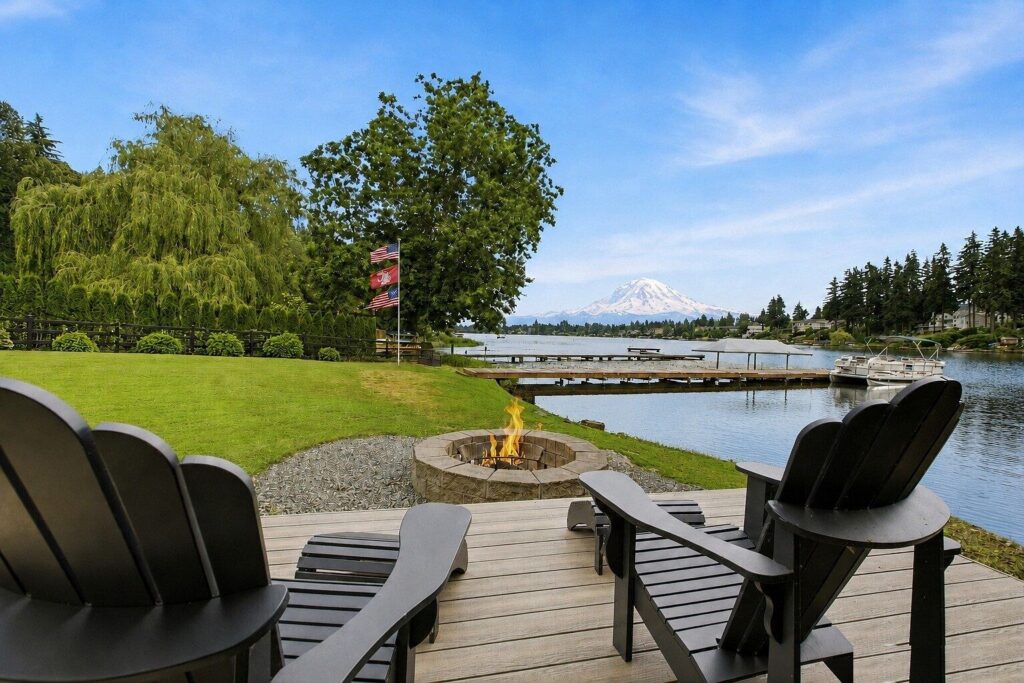Lakefront firepit with Mount Rainier view - South King County waterfront, Ronny Wilson