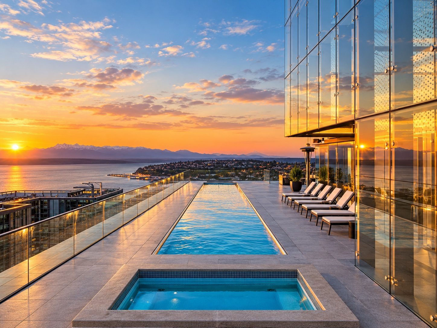 The Sky Pool on the 47th floor of First Light Seattle at sunset