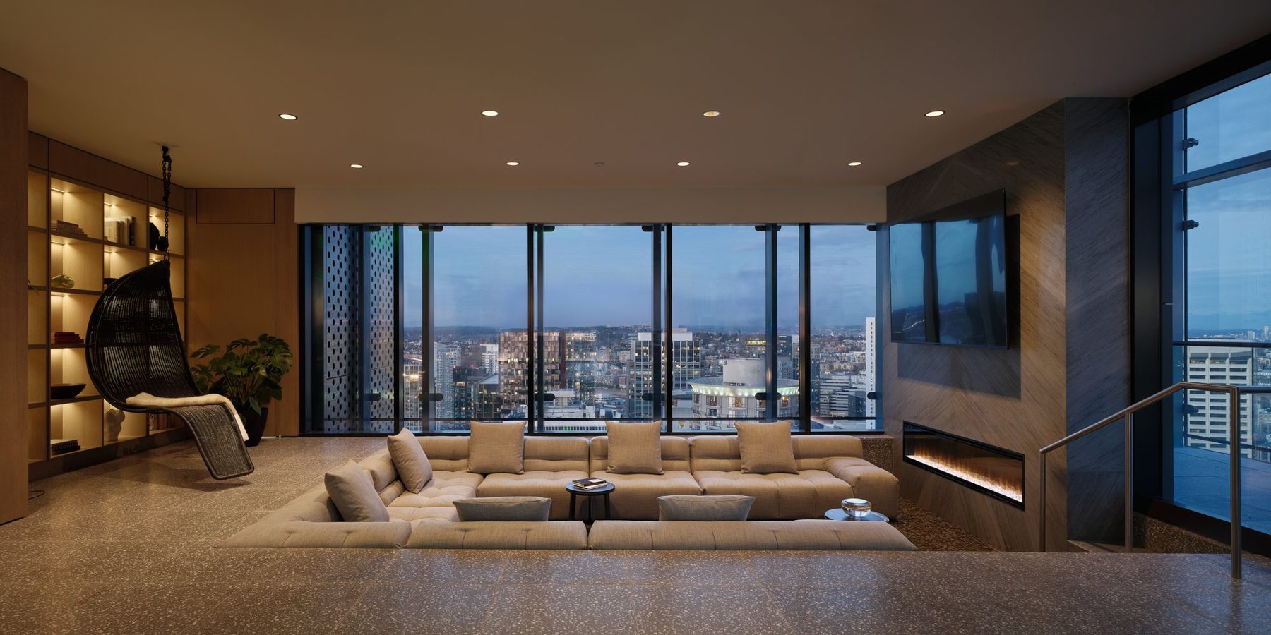 Resident lounge at dusk, First Light Seattle